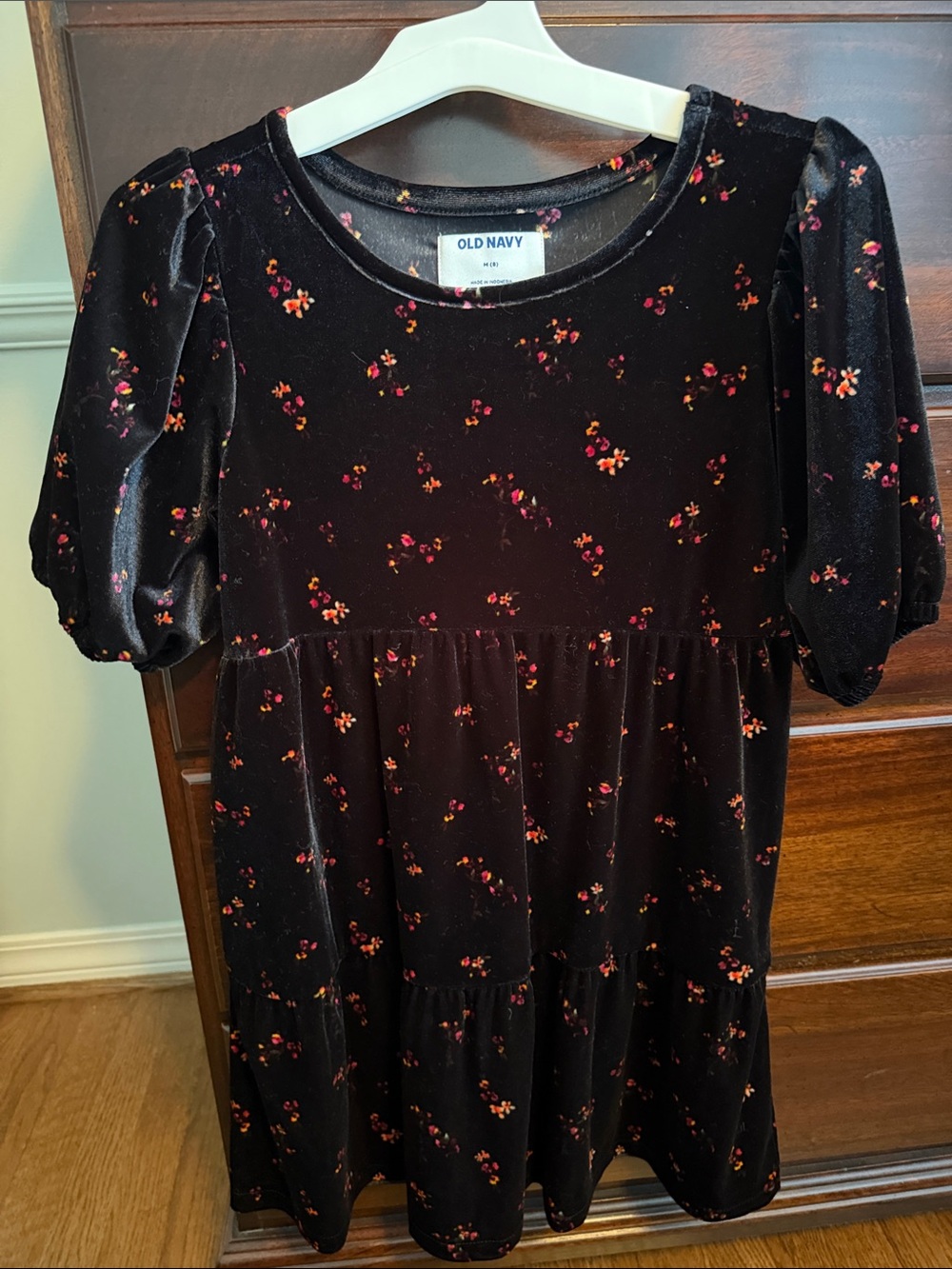 Old Navy Black Velvet Dress with Pink and Red Floral Print